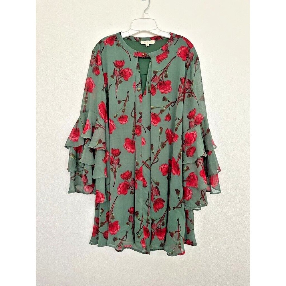 Umgee Green Floral Mini Dress with Red Rose Print